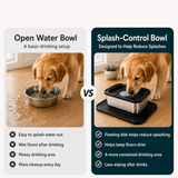 Avenloo Splash-Proof Water Bowl - Black - Comparison of an open dog water bowl and Avenloo splash-control bowl