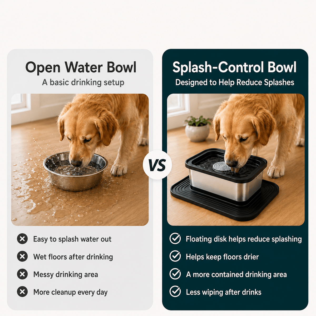 Avenloo Splash-Proof Water Bowl - Black - Comparison of an open dog water bowl and Avenloo splash-control bowl
